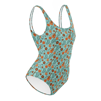 Showgirl Era One-Piece Swimsuit Spinsterly Co in teal with all-over disco guitar and lock print