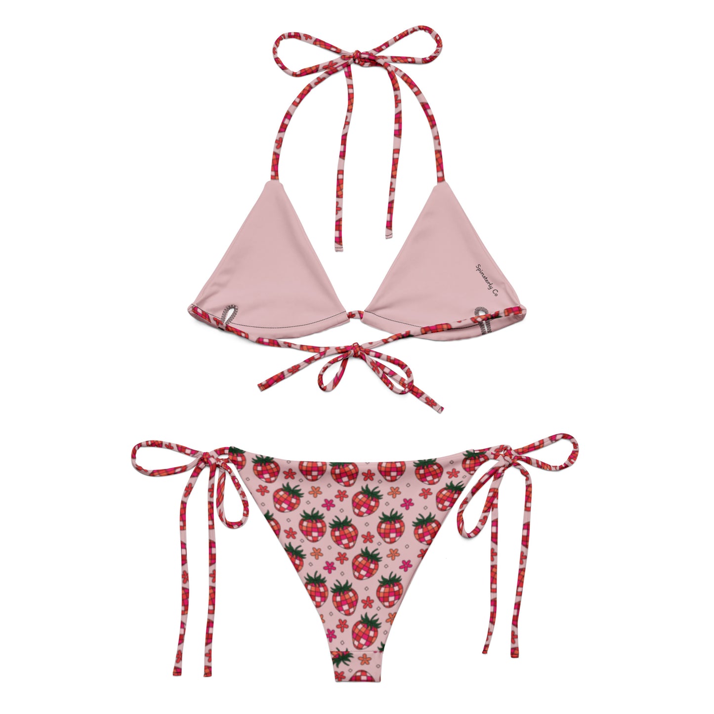 Strawberry Fields String Bikini by Spinsterly Co in pink with red strawberry print adjustable straps