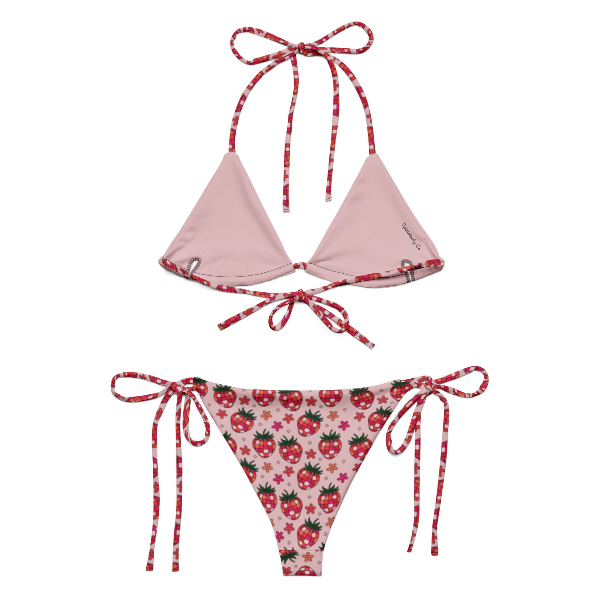 Strawberry Fields String Bikini by Spinsterly Co in pink with red strawberry print adjustable straps