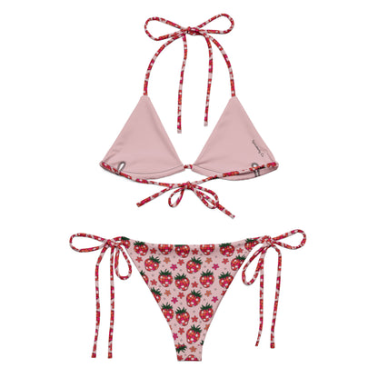 Strawberry Fields String Bikini by Spinsterly Co in pink with red strawberry print adjustable straps