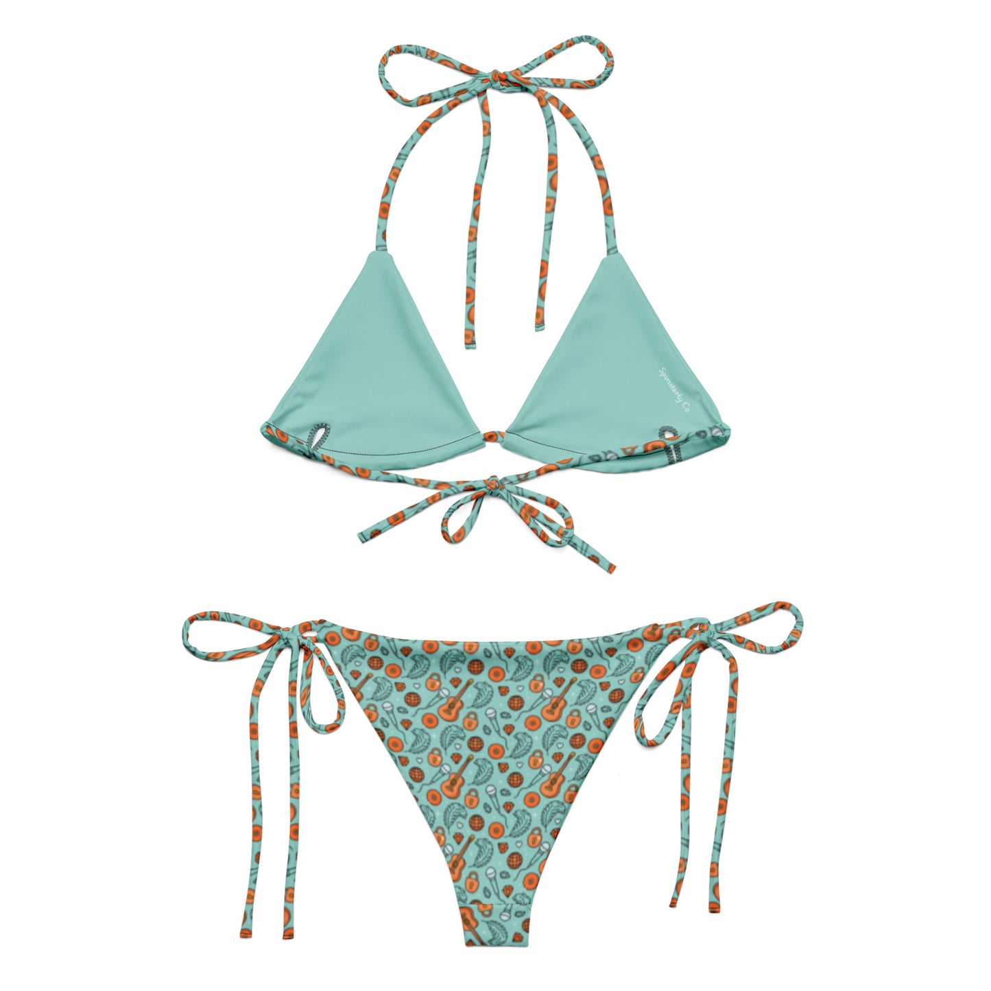 Showgirl Era String Bikini by Spinsterly Co in teal with all-over print and tie string sides