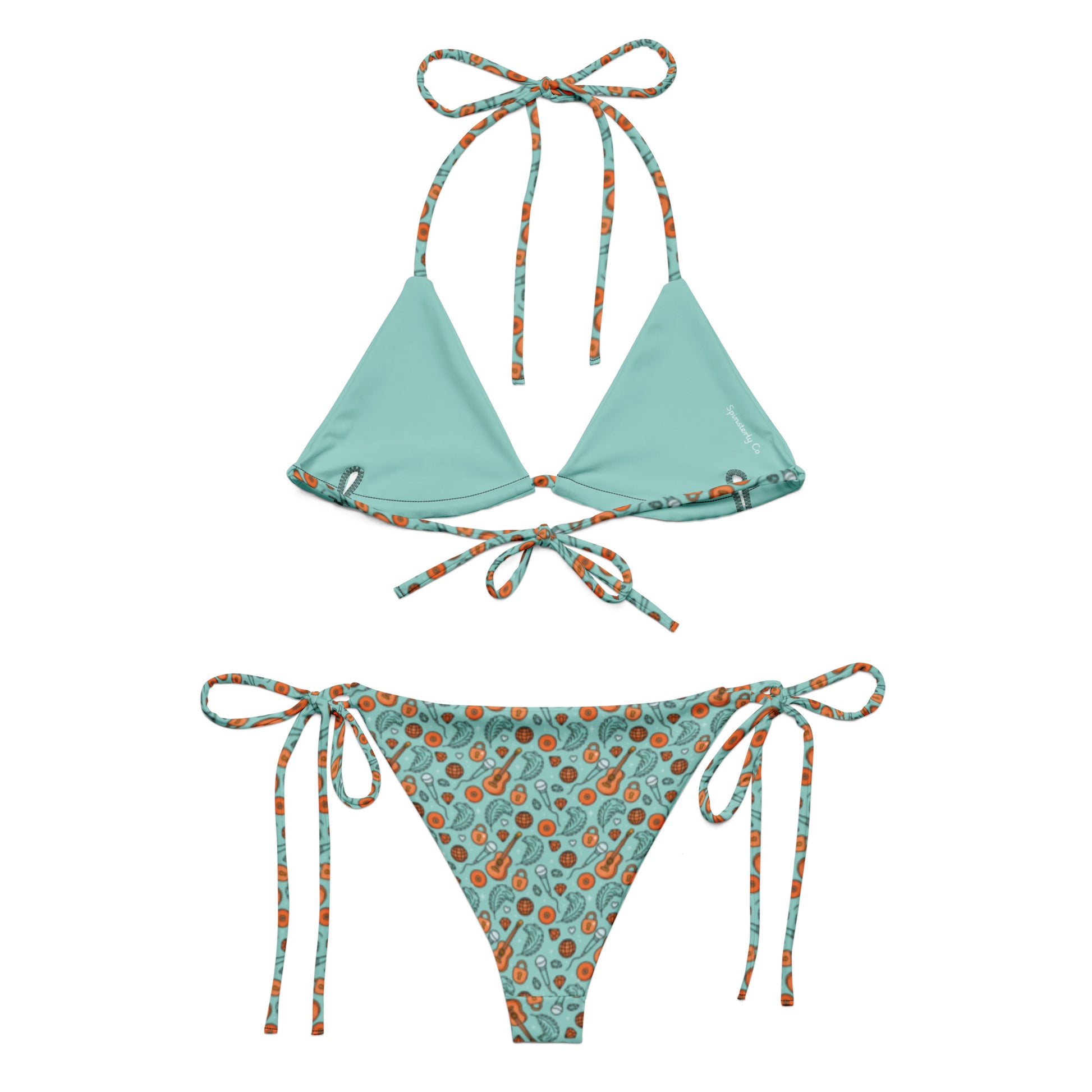 Showgirl Era String Bikini by Spinsterly Co in teal with all-over print and tie string sides