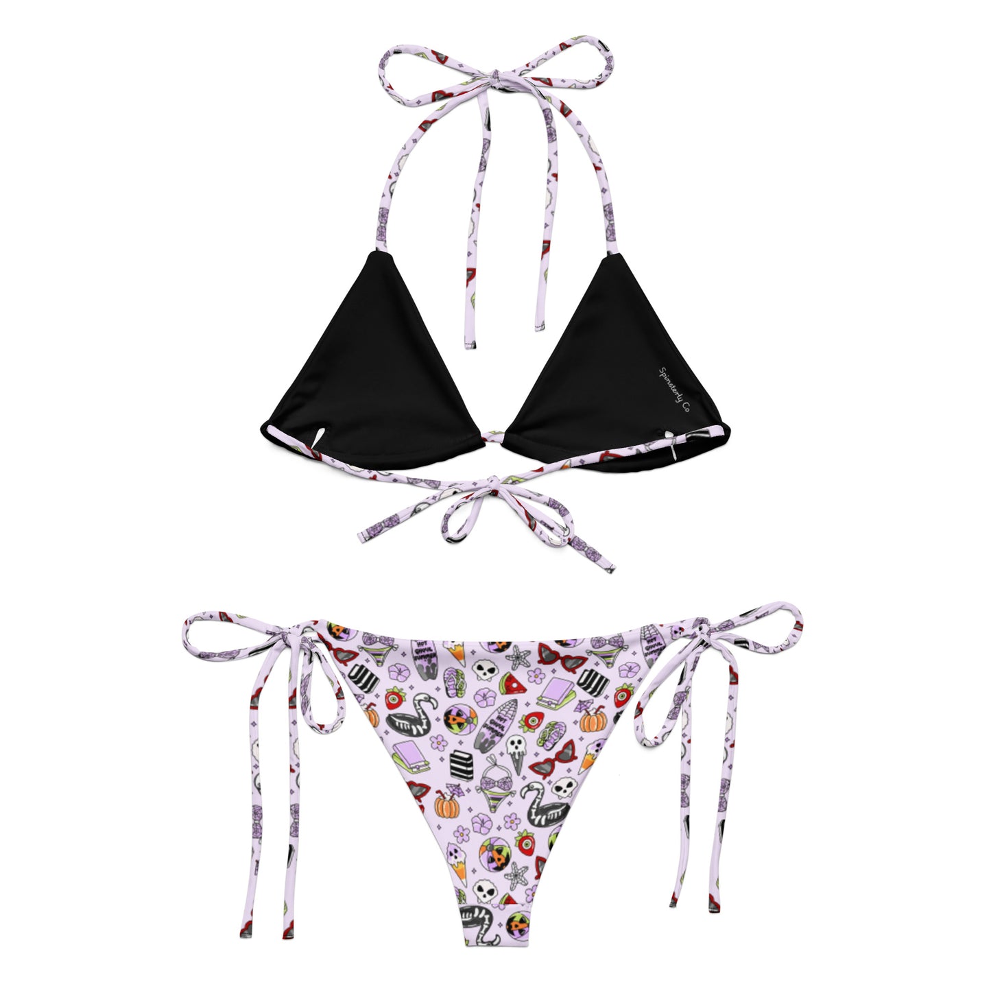 Summerween String Bikini by Spinsterly Co in all-over print recycled swimwear with tie-side string bottoms