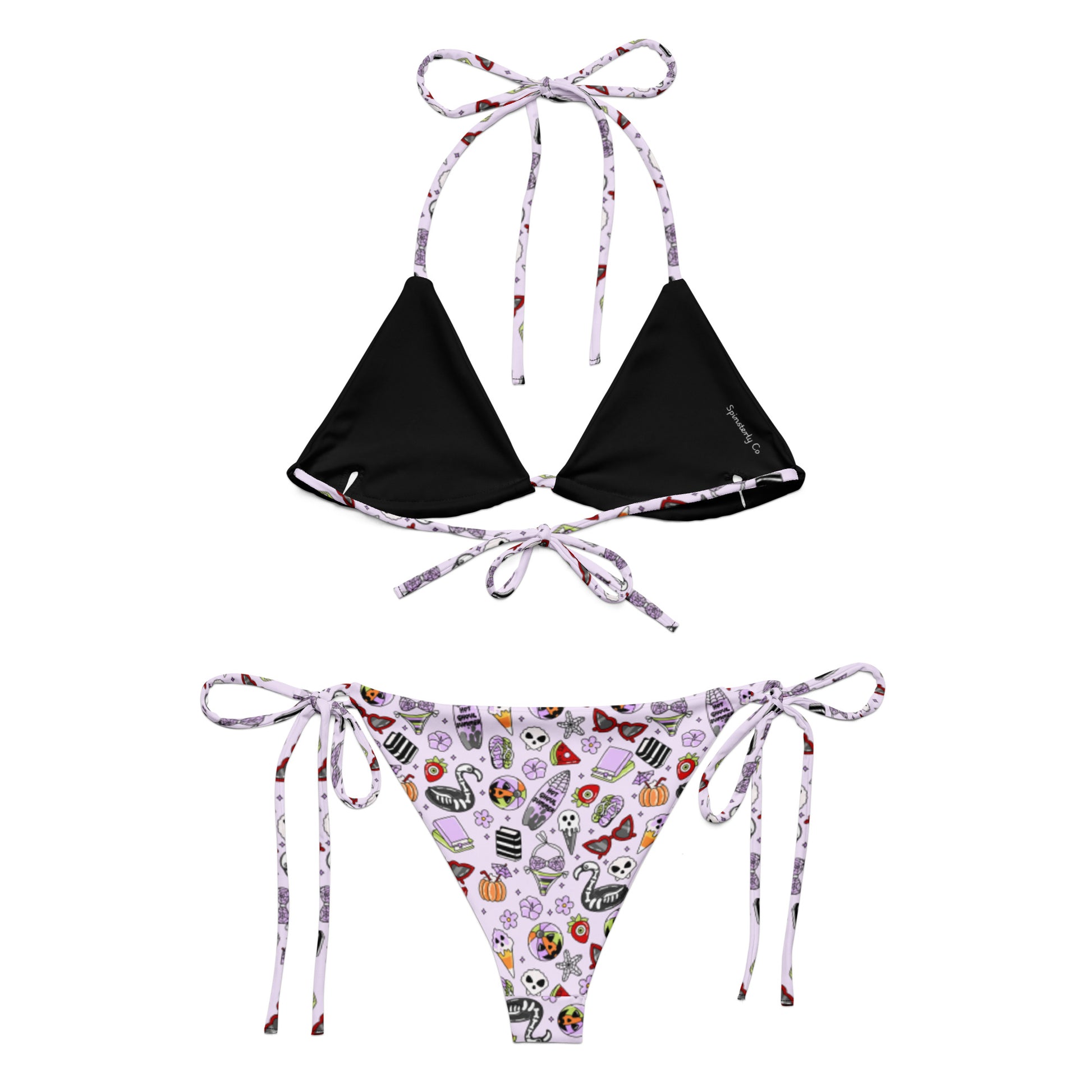 Summerween String Bikini by Spinsterly Co in all-over print recycled swimwear with tie-side string bottoms