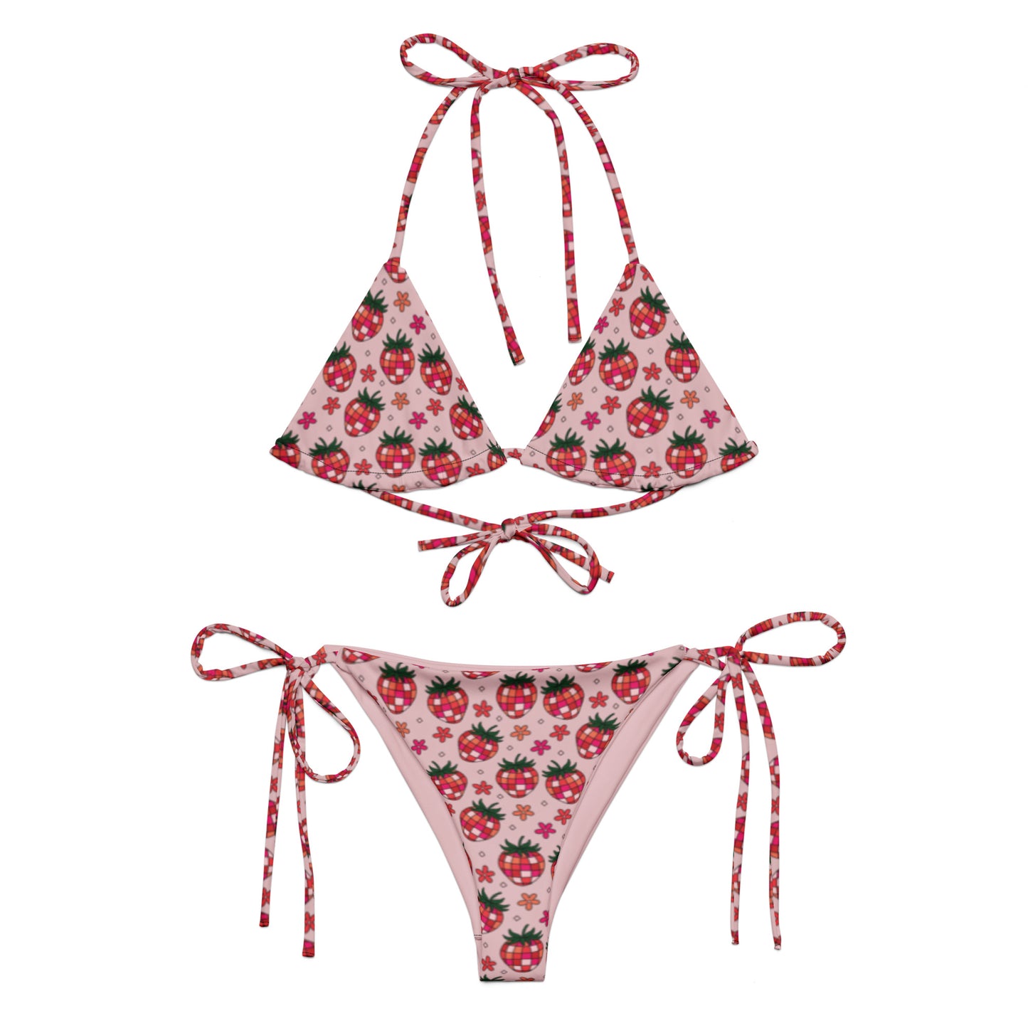 Strawberry Fields String Bikini by Spinsterly Co in pink all-over strawberry print with adjustable tie straps