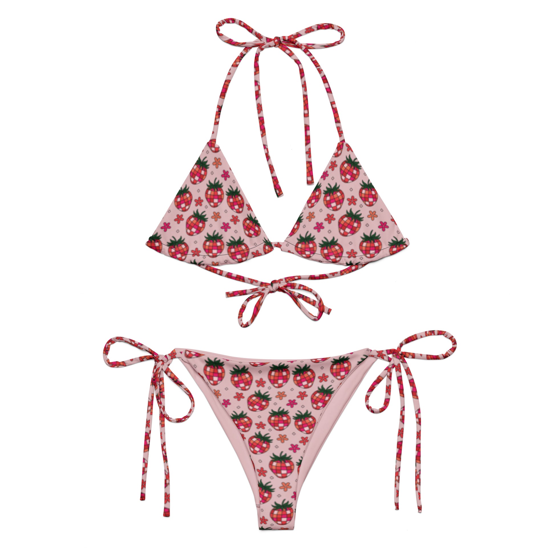 Strawberry Fields String Bikini by Spinsterly Co in pink all-over strawberry print with adjustable tie straps