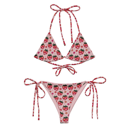 Strawberry Fields String Bikini by Spinsterly Co in pink all-over strawberry print with adjustable tie straps