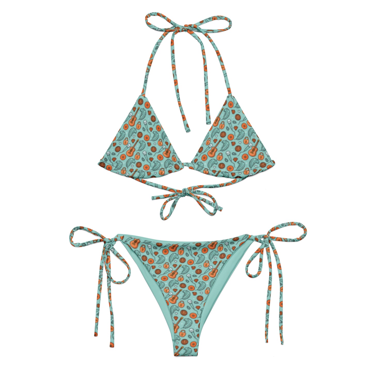 Showgirl Era String Bikini by Spinsterly Co in teal with all-over guitar and shell print, string ties