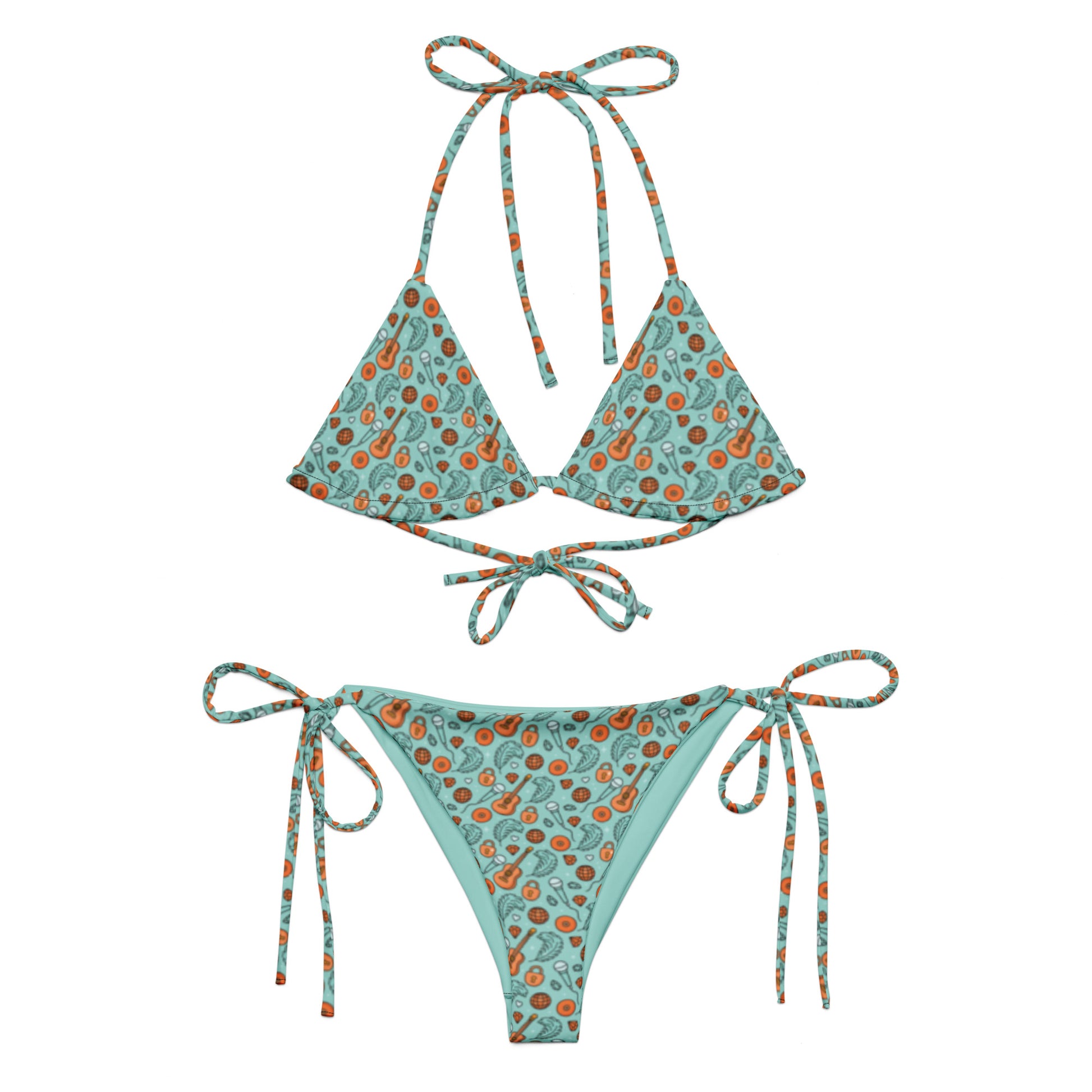 Showgirl Era String Bikini by Spinsterly Co in teal with all-over guitar and shell print, string ties