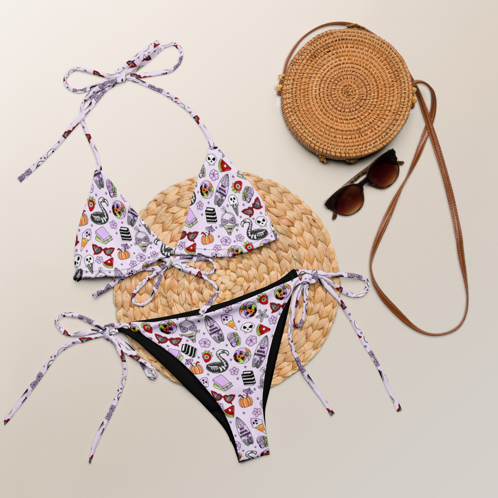 Summerween String Bikini by Spinsterly Co in all-over print recycled swimwear with tie-side triangle top