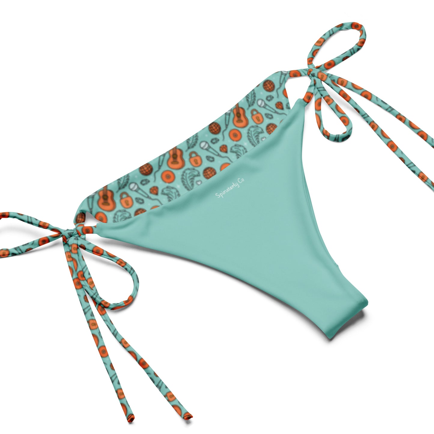 Showgirl Era String Bikini by Spinsterly Co in teal with all-over guitar and fruit print ties