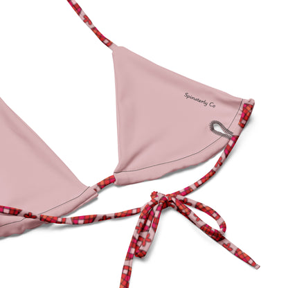 Strawberry Fields String Bikini by Spinsterly Co in pink with red plaid tie strings and all-over print