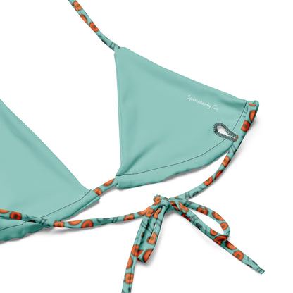 Showgirl Era String Bikini Spinsterly Co teal all-over print recycled swimwear with tie side bottoms