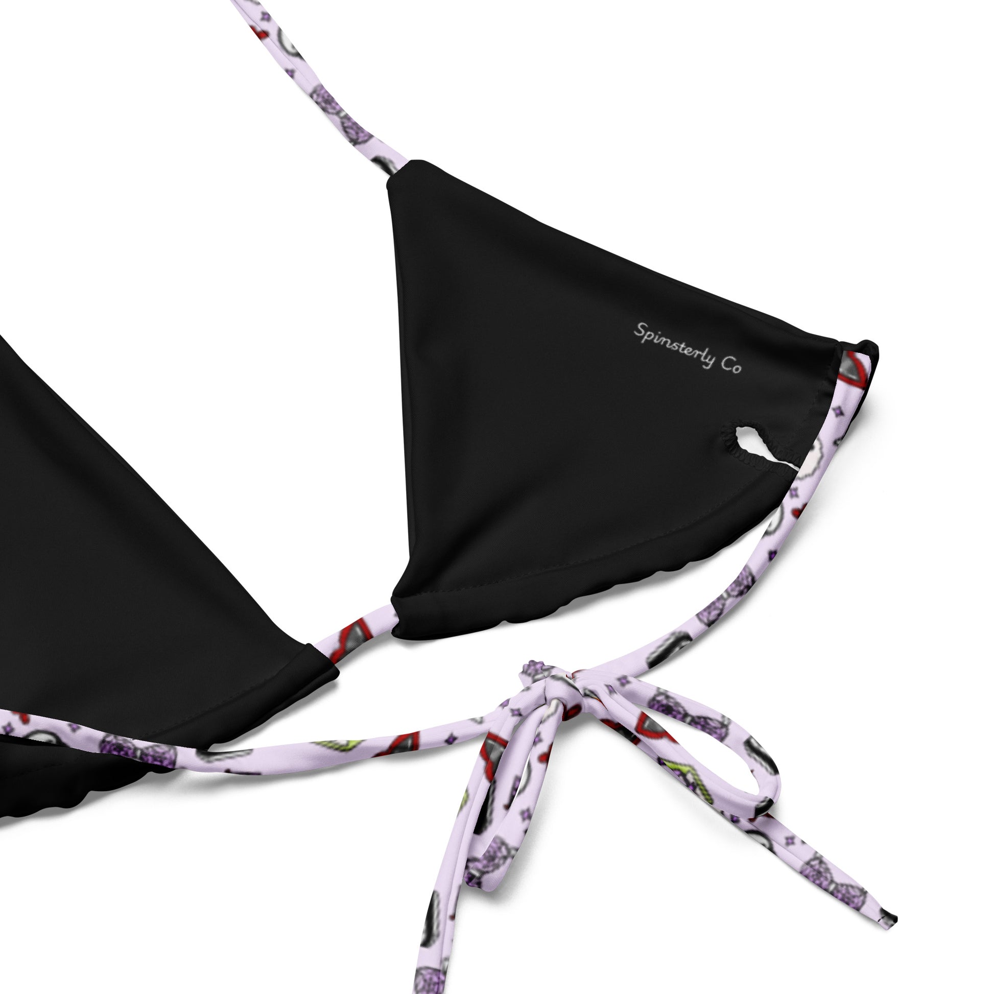 Summerween String Bikini by Spinsterly Co in black with all-over print triangle top tie-side bottoms