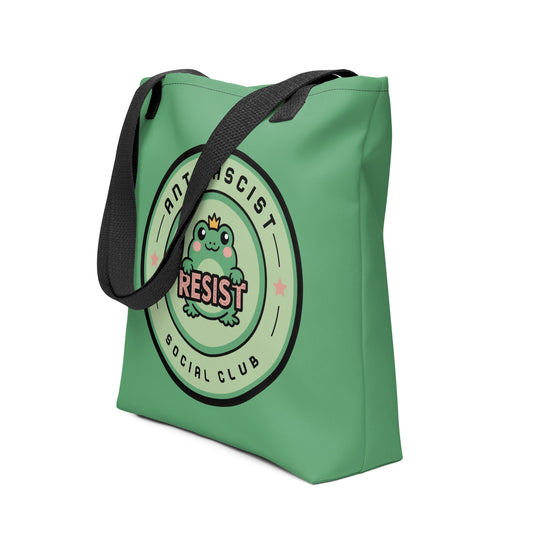 Sage green Antifascist Social Club tote bag with a cute crowned frog badge and bold red RESIST text