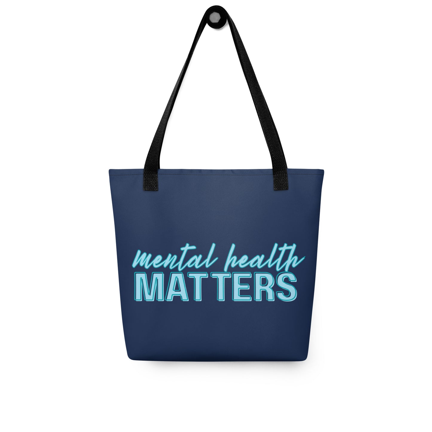 Mental Health Matters Tote Bag Spinsterly Co navy tote bag with black shoulder handles and teal front text