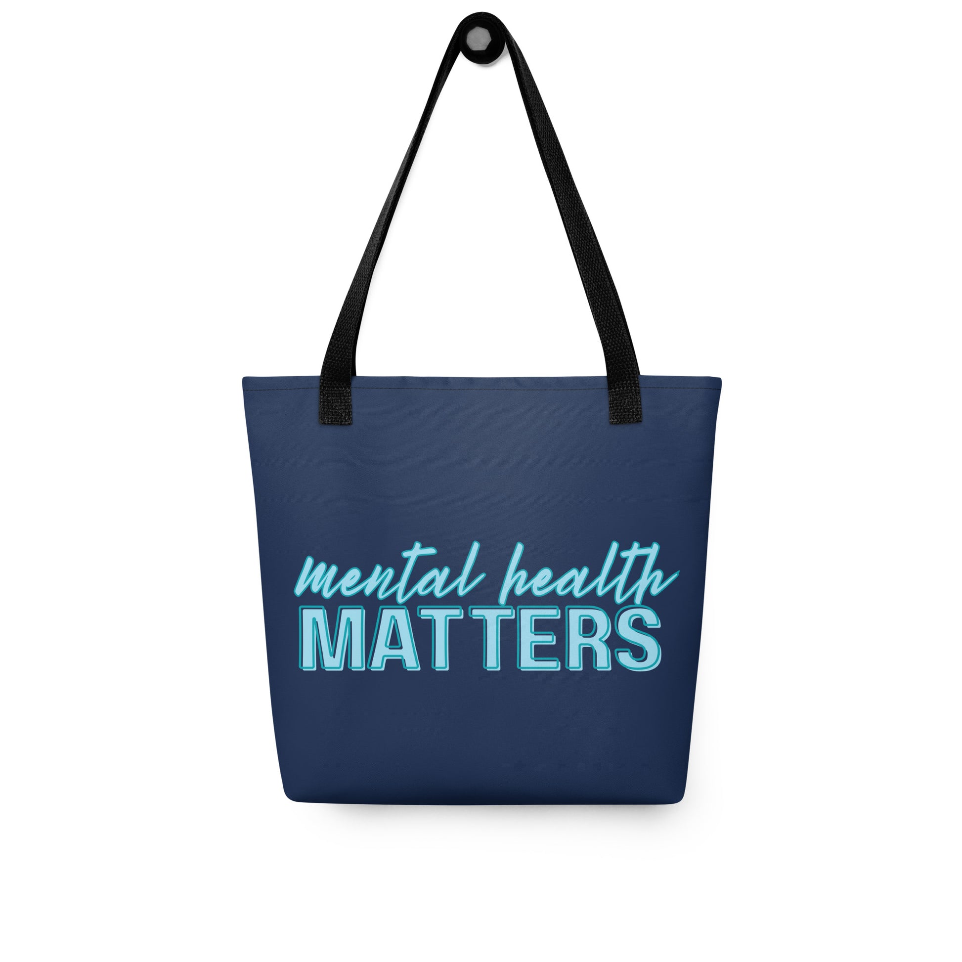Mental Health Matters Tote Bag Spinsterly Co navy tote bag with black shoulder handles and teal front text