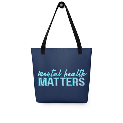 Mental Health Matters Tote Bag Spinsterly Co navy tote bag with black shoulder handles and teal front text
