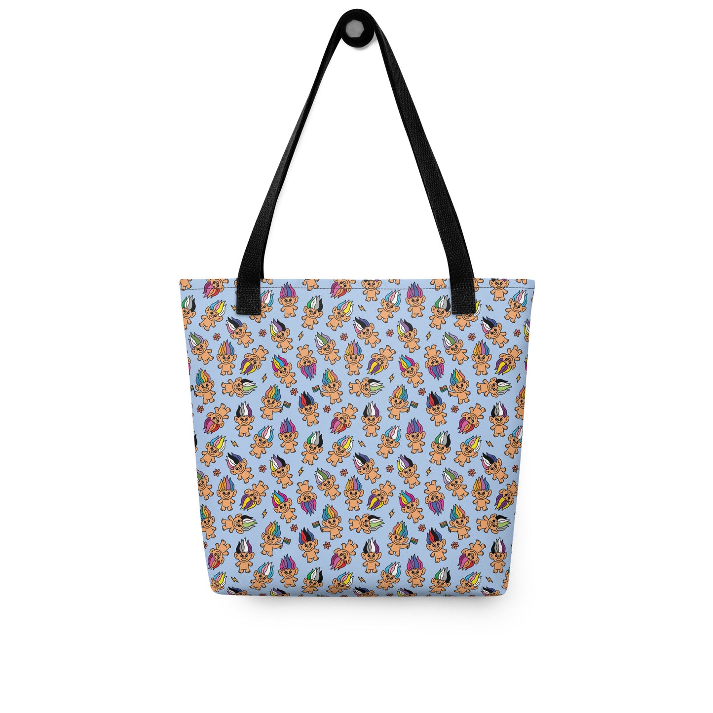 Pride Troll Dolls Tote Bag by Spinsterly Co with all-over print sublimation in light blue and black handles