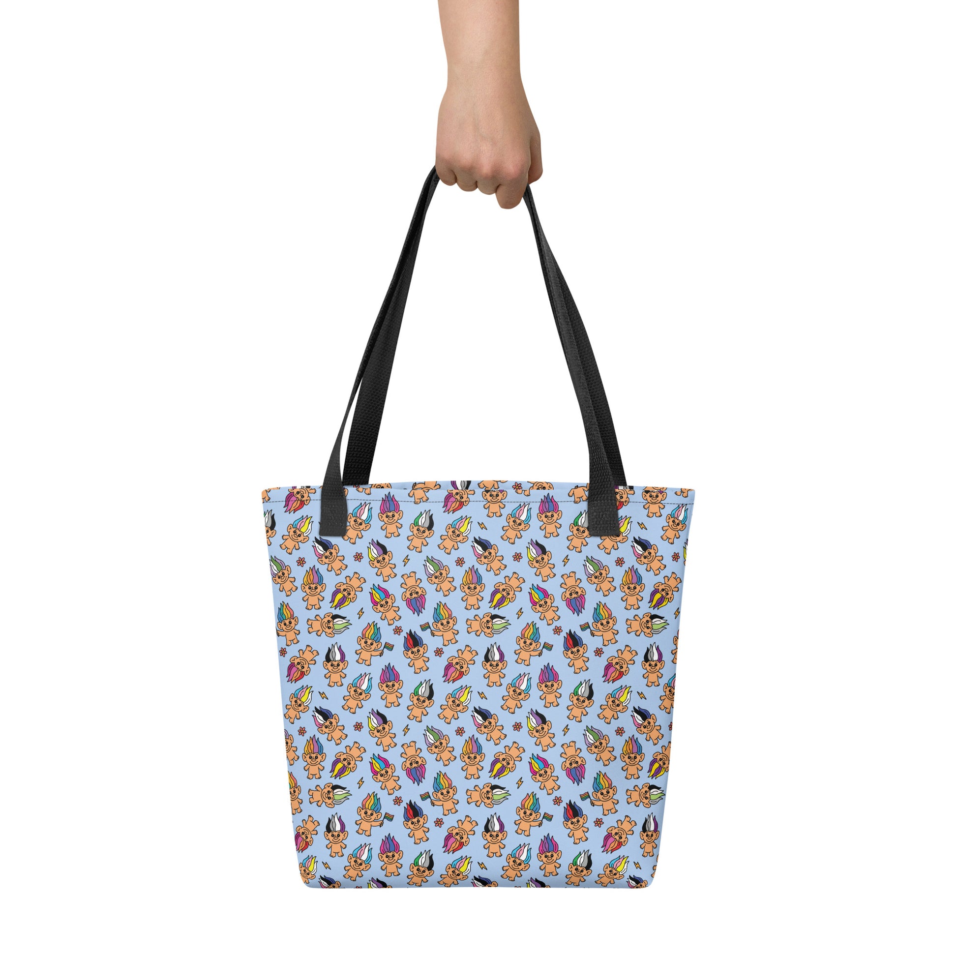 Pride Troll Dolls Tote Bag LGBTQIA All-Over Print Tote by Spinsterly Co in light blue with black denim handles