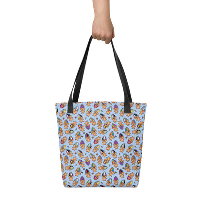 Pride Troll Dolls Tote Bag LGBTQIA All-Over Print Tote by Spinsterly Co in light blue with black denim handles