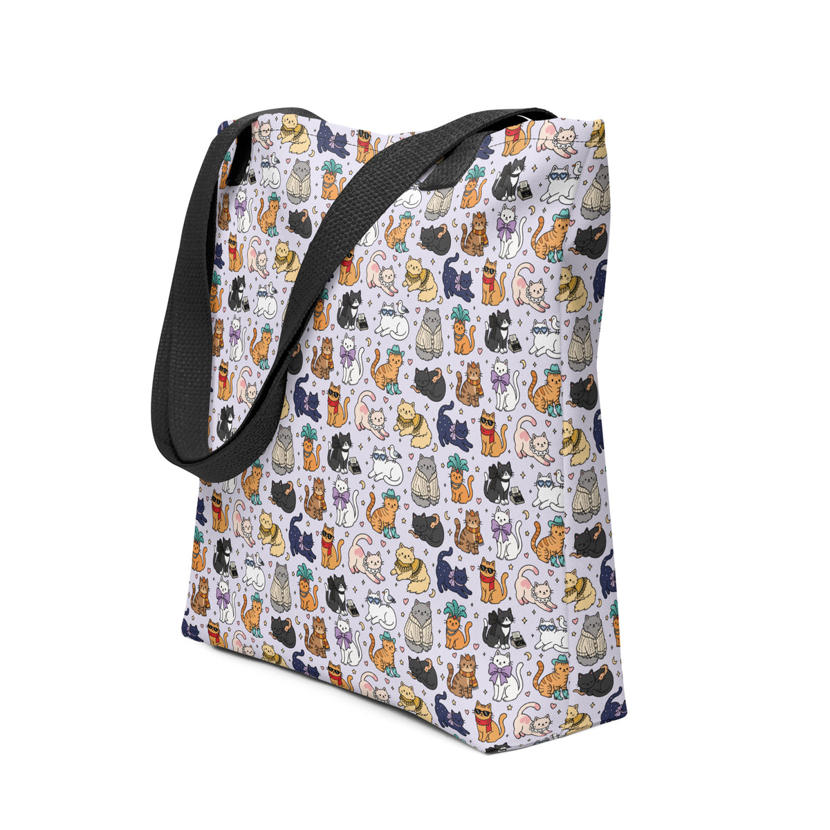 Tote bag with a cat pattern on a lavender background