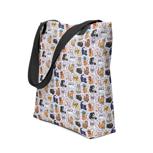 Tote bag with a cat pattern on a lavender background