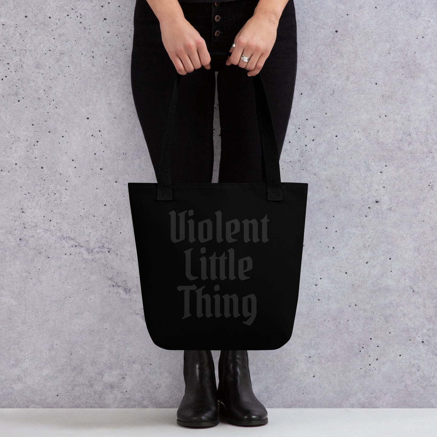Violent Little Thing Tote Bag Gothic Blackletter Romantasy Tote by Spinsterly Co in black with tone on tone print