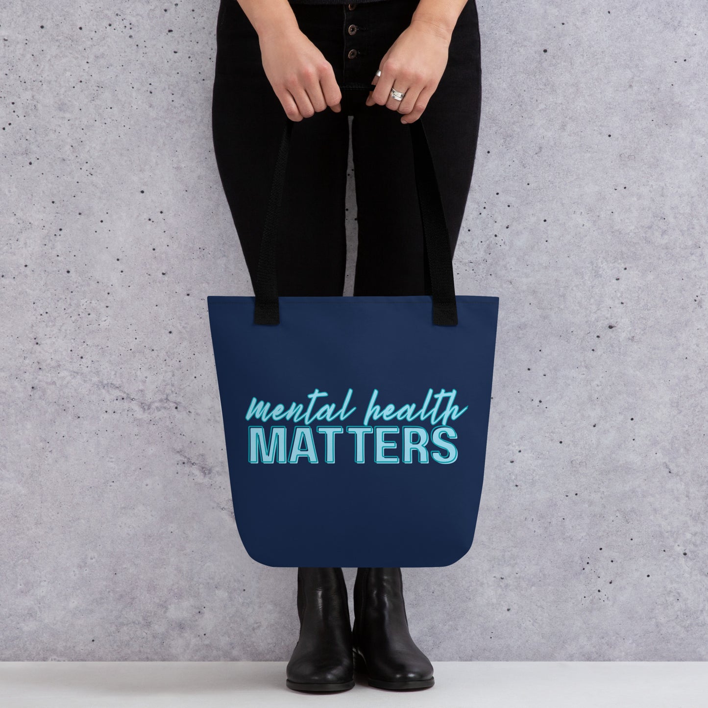 Mental Health Matters Tote Bag by Spinsterly Co, navy awareness tote with black denim handles and teal text
