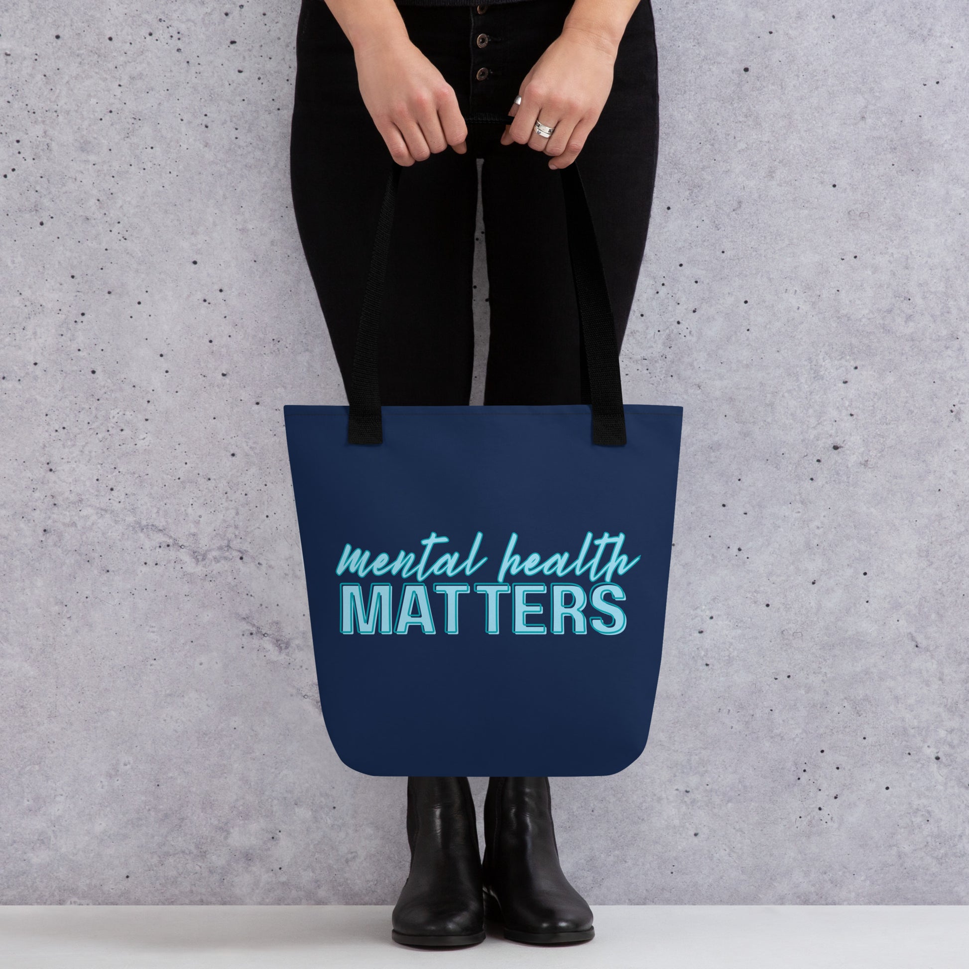 Mental Health Matters Tote Bag by Spinsterly Co, navy awareness tote with black denim handles and teal text
