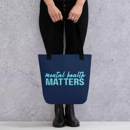 Mental Health Matters Tote Bag by Spinsterly Co, navy awareness tote with black denim handles and teal text