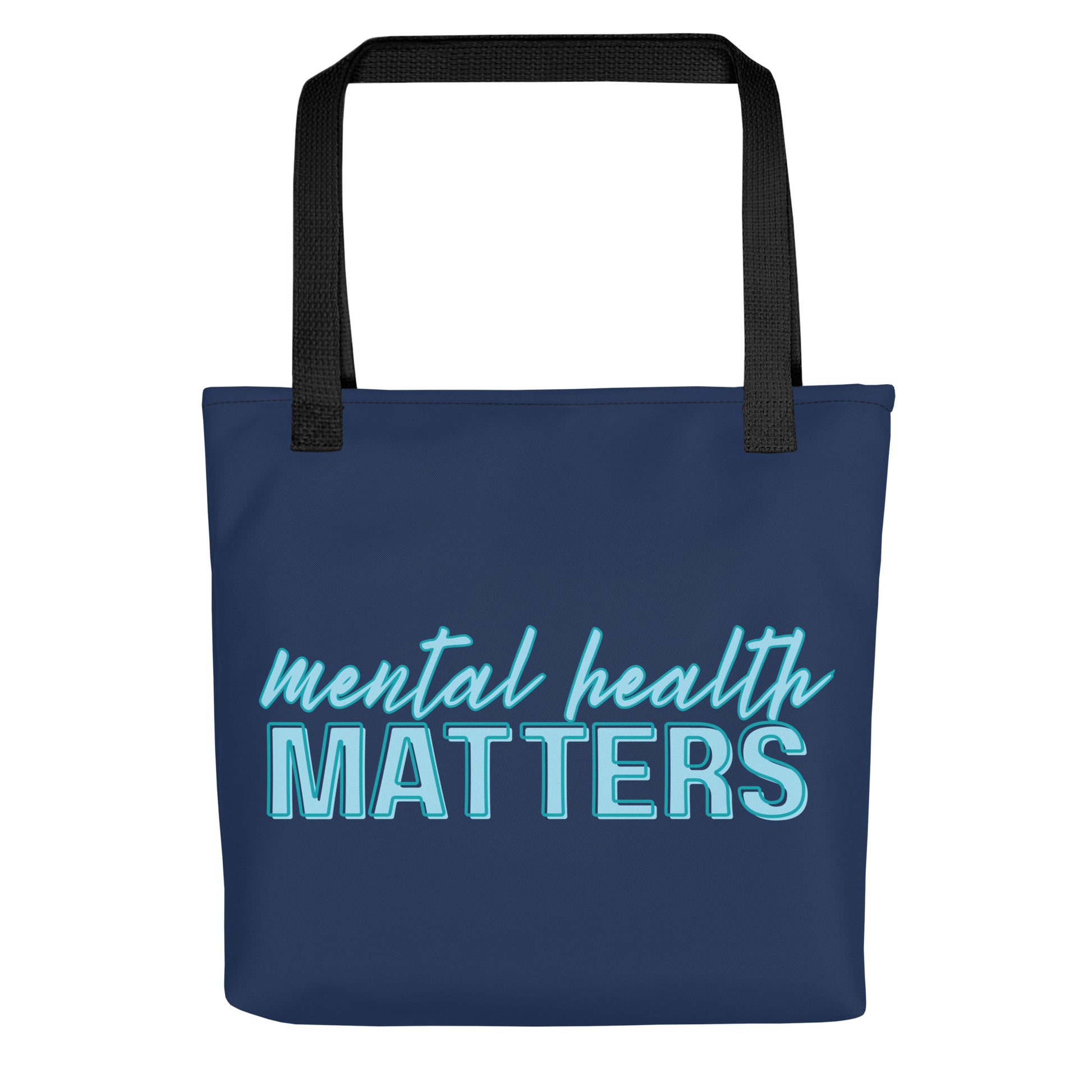 Mental Health Matters Tote Bag Mental Health Awareness Tote Spinsterly Co navy tote bag with black shoulder handles