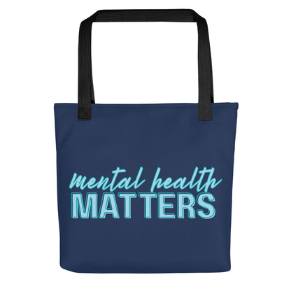 Mental Health Matters Tote Bag Mental Health Awareness Tote Spinsterly Co navy tote bag with black shoulder handles