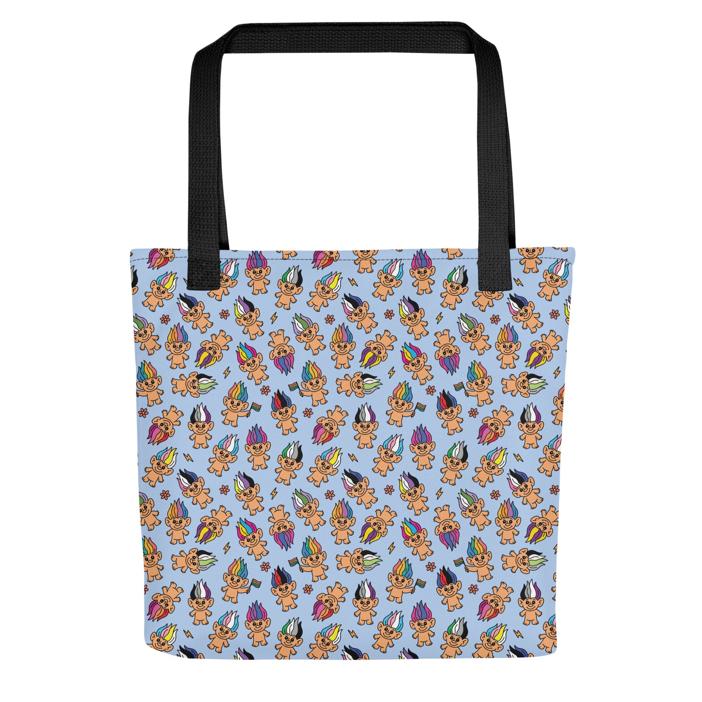 Pride Troll Dolls Tote Bag by Spinsterly Co, light blue all-over print with black webbing handles