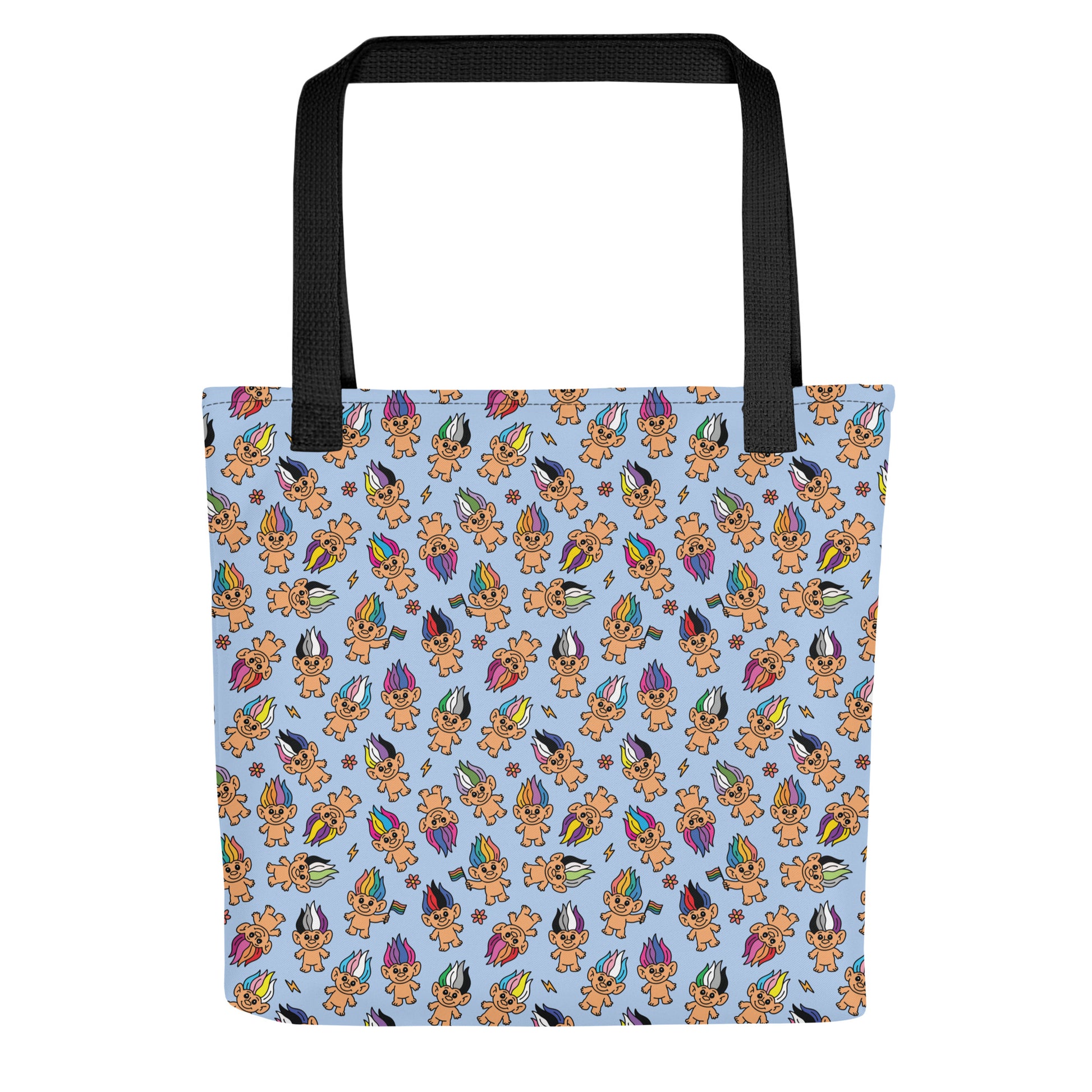 Pride Troll Dolls Tote Bag by Spinsterly Co, light blue all-over print with black webbing handles