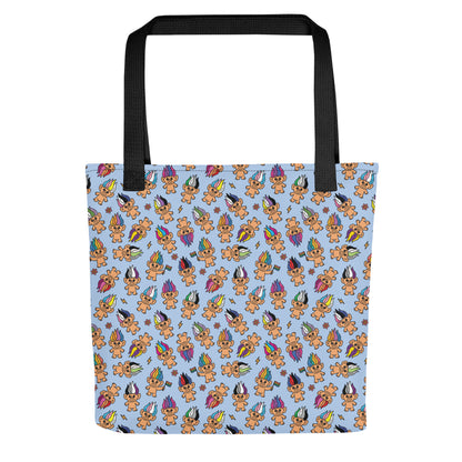 Pride Troll Dolls Tote Bag by Spinsterly Co, light blue all-over print with black webbing handles