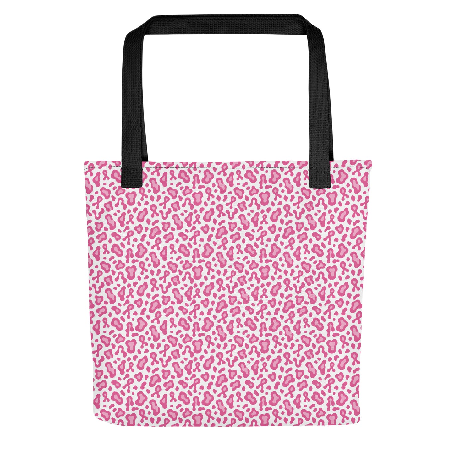 A tote bag with a pink and white leopard print pattern and black shoulder straps, shown against a plain white background.
