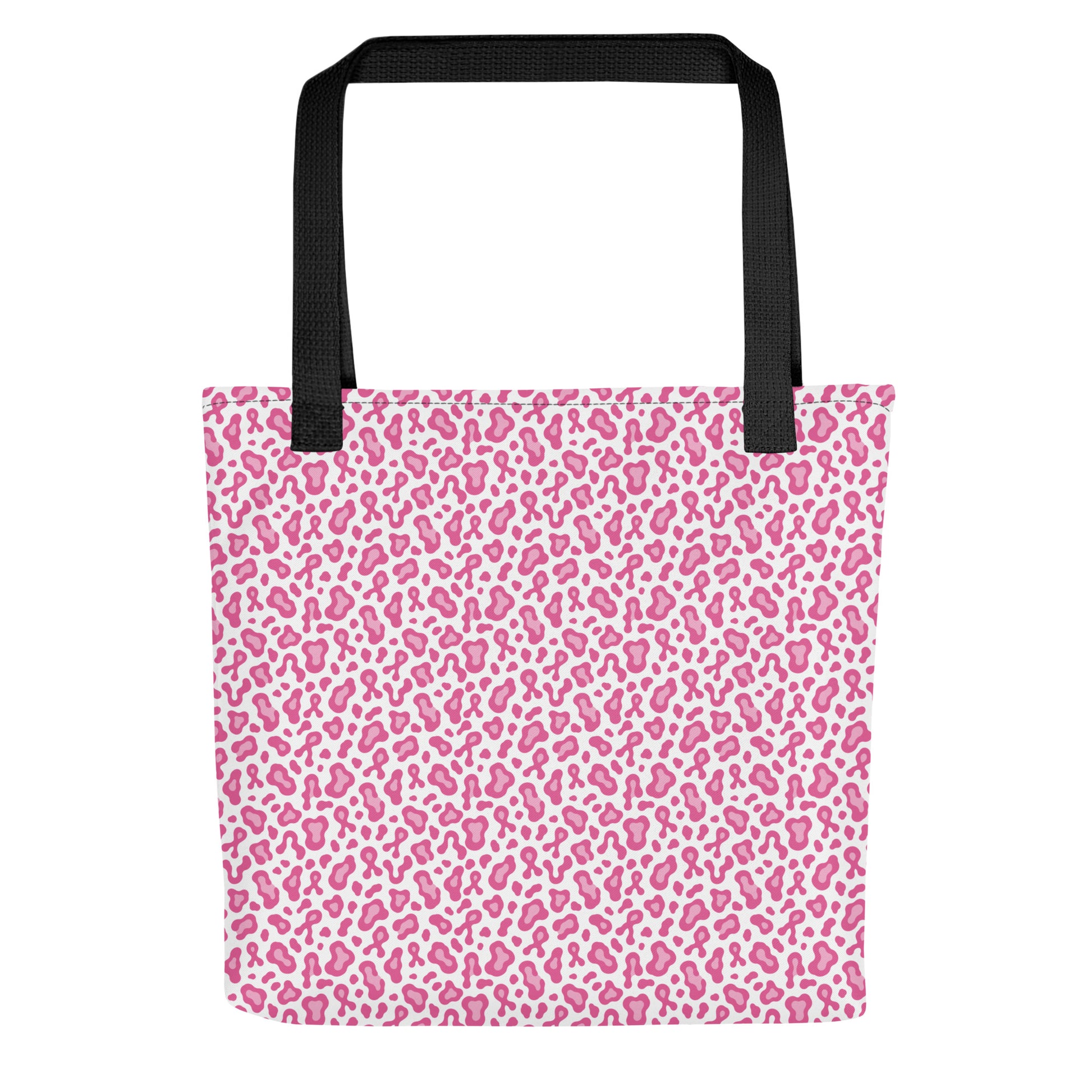 A tote bag with a pink and white leopard print pattern and black shoulder straps, shown against a plain white background.