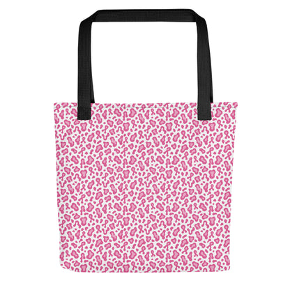 A tote bag with a pink and white leopard print pattern and black shoulder straps, shown against a plain white background.