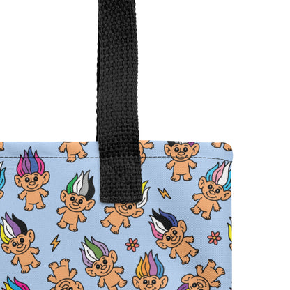 Pride Troll Dolls Tote Bag by Spinsterly Co, all-over print tote with light blue fabric and black woven strap