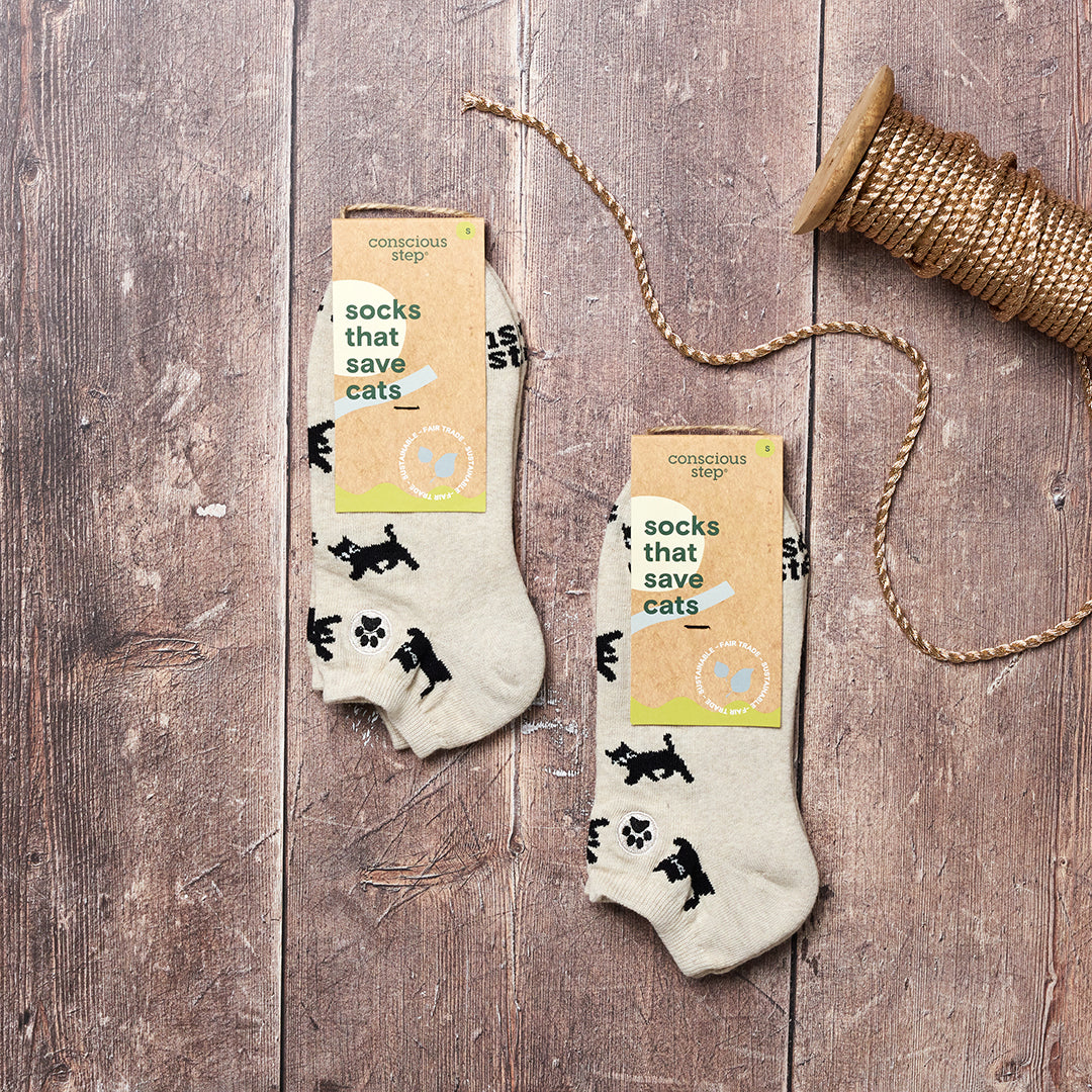 Socks that Save Cats — Black Cat Ankle Socks | Cream | Cat Lover Gift | Organic Cotton - Spinsterly Co