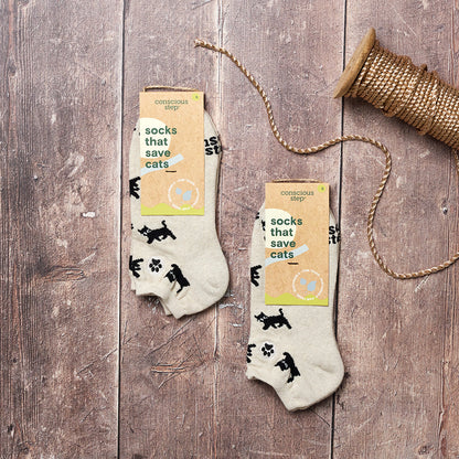 Socks that Save Cats — Black Cat Ankle Socks | Cream | Cat Lover Gift | Organic Cotton - Spinsterly Co