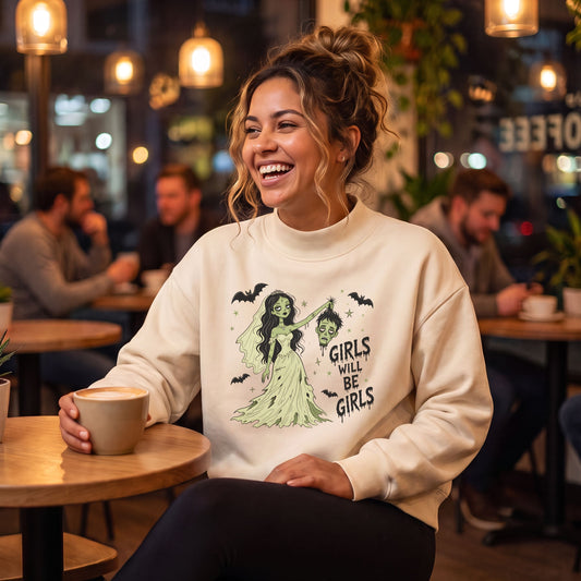 Girls Will Be Girls — Halloween Zombie Bride Graphic Mock Neck Sweatshirt - Spinsterly Co