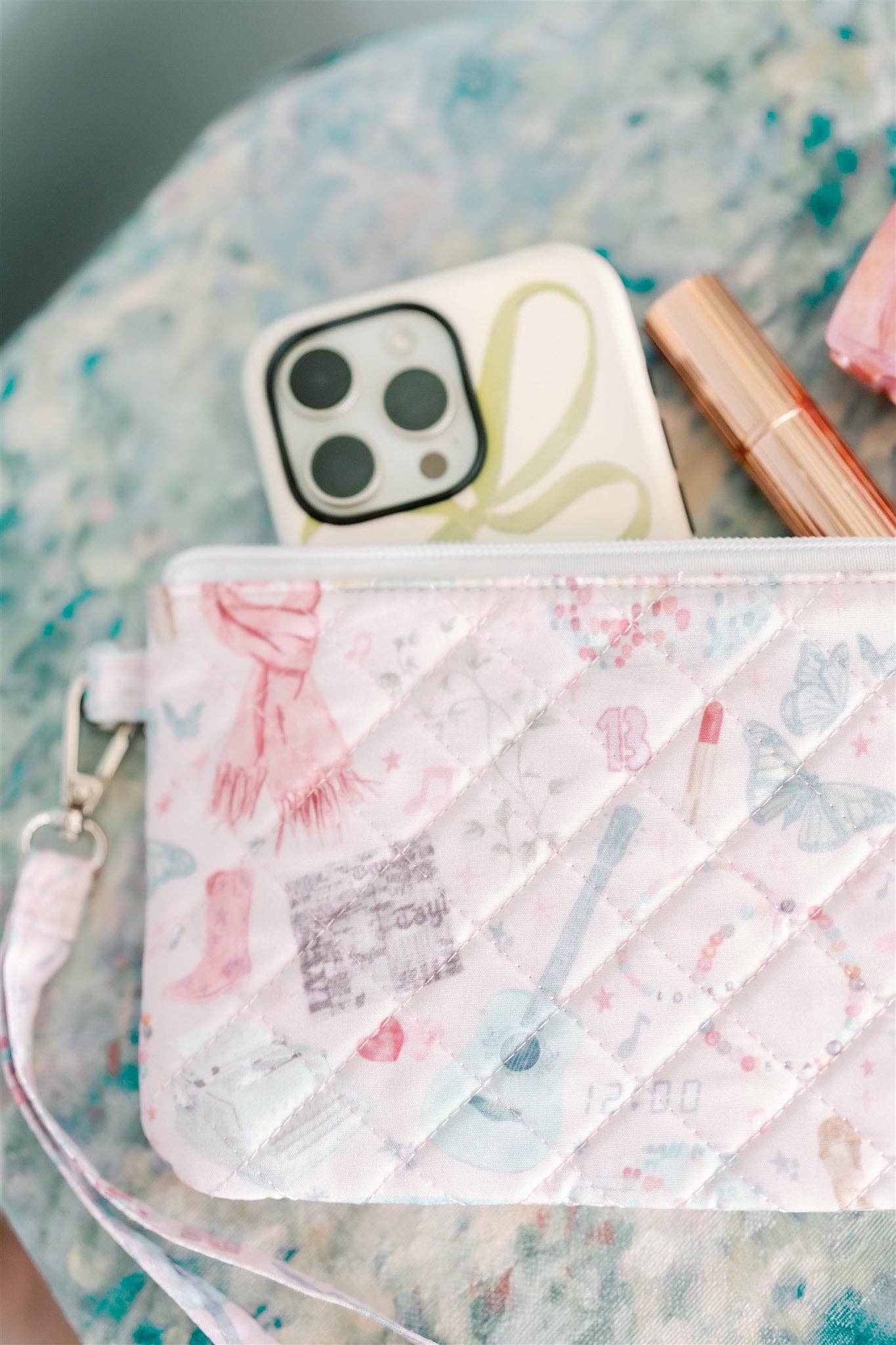 Eras Quilted Wristlet Chic Fan Art Clutch Bag by Gracefully Made in white quilted fabric with wrist strap