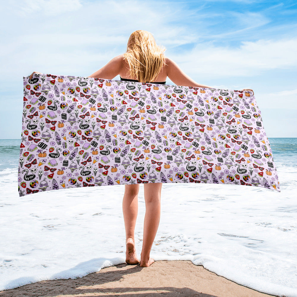 Summerween Beach Towel Spinsterly Co lavender print beach and pool towel with kawaii goth ghost ice cream cone