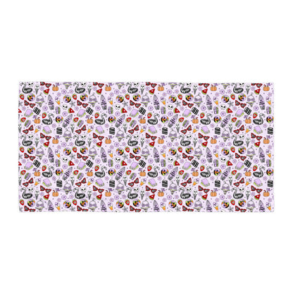 Summerween Beach Towel Kawaii Goth Lavender Print by Spinsterly Co with ghost and skeleton flamingo pattern