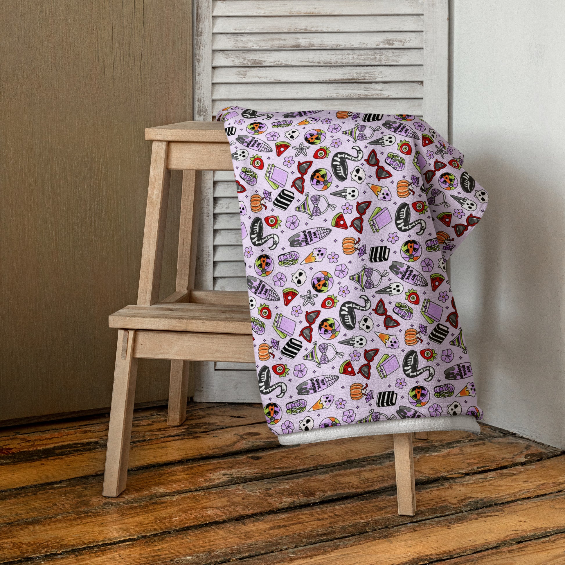 Summerween Beach Towel Kawaii Goth Lavender Print by Spinsterly Co with terry reverse and ghost ice cream print