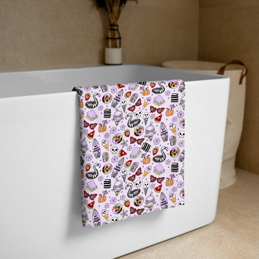 Summerween Beach Towel Spinsterly Co lavender print beach and pool towel with kawaii goth ghost pattern