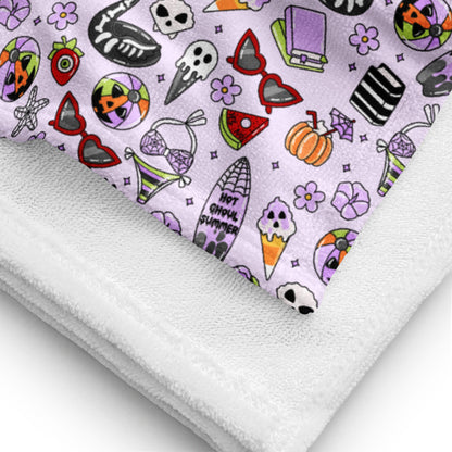Summerween Beach Towel Kawaii Goth Lavender Print by Spinsterly Co with ghost ice cream and skeleton flamingo