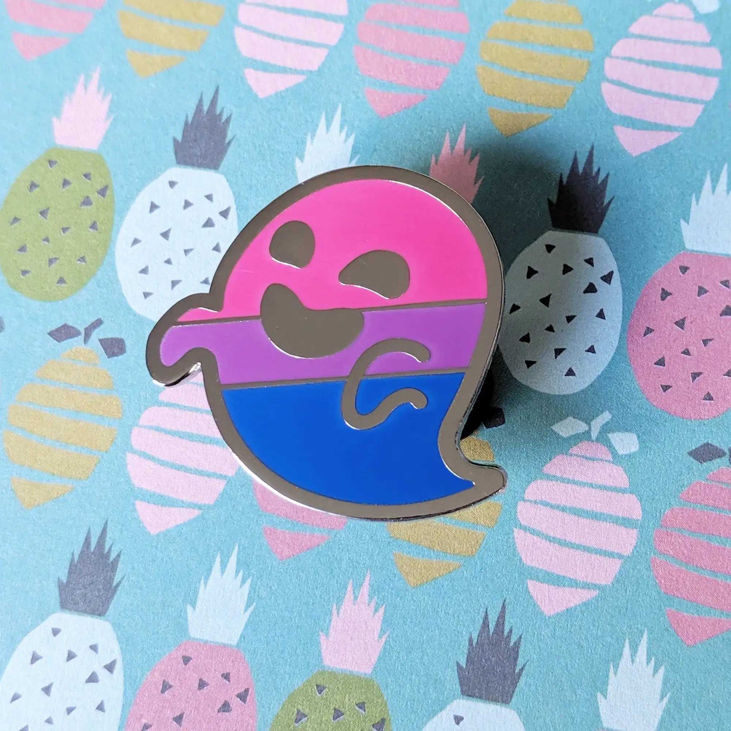Gaysper Friends Hard Enamel Pride Pins by Cunning Linguist Co, silver ghost pin with pink rainbow